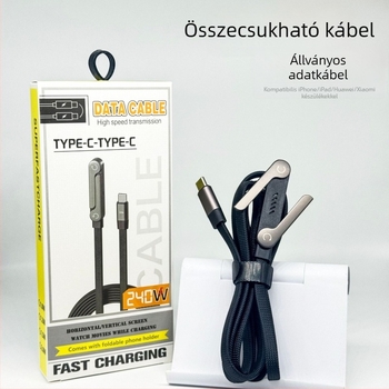 Type-C könyökszerű hajlítható töltőkábel, fonott, gyors töltés, 1–2 m, fekete, tabletek és telefonokhoz