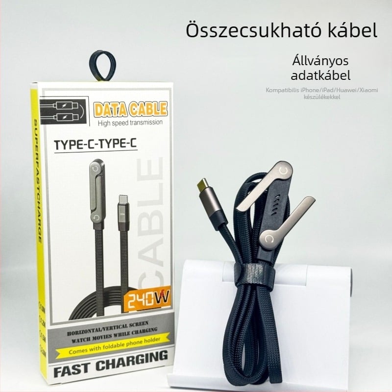 Type-C könyökszerű hajlítható töltőkábel, fonott, gyors töltés, 1–2 m, fekete, tabletek és telefonokhoz