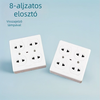 Nyolc aljzatú elosztó, AB dupla soros, LED-es jelzőfénnyel, kompatibil európai és Délkelet-ázsiai dugaszokkal, kék-fehér.