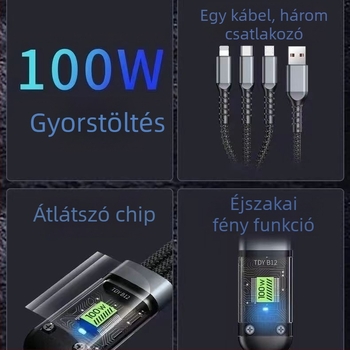 100W-os gyorstöltésű 1–3 összekapcsolható kábel, három az egyben (Lightning, Micro USB, USB-C), Apple, Android és Huawei számára, 1,2 m hosszú, ezüst-szürke