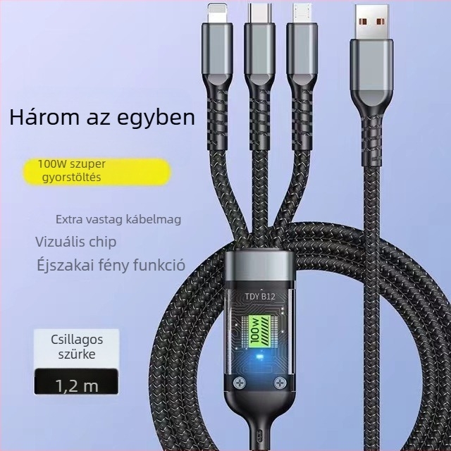 100W-os gyorstöltésű 1–3 összekapcsolható kábel, három az egyben (Lightning, Micro USB, USB-C), Apple, Android és Huawei számára, 1,2 m hosszú, ezüst-szürke