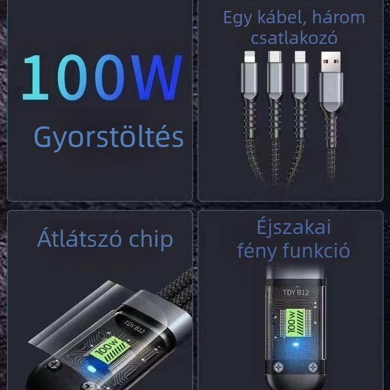 100W-os gyorstöltésű 1–3 összekapcsolható kábel, három az egyben (Lightning, Micro USB, USB-C), Apple, Android és Huawei számára, 1,2 m hosszú, ezüst-szürke