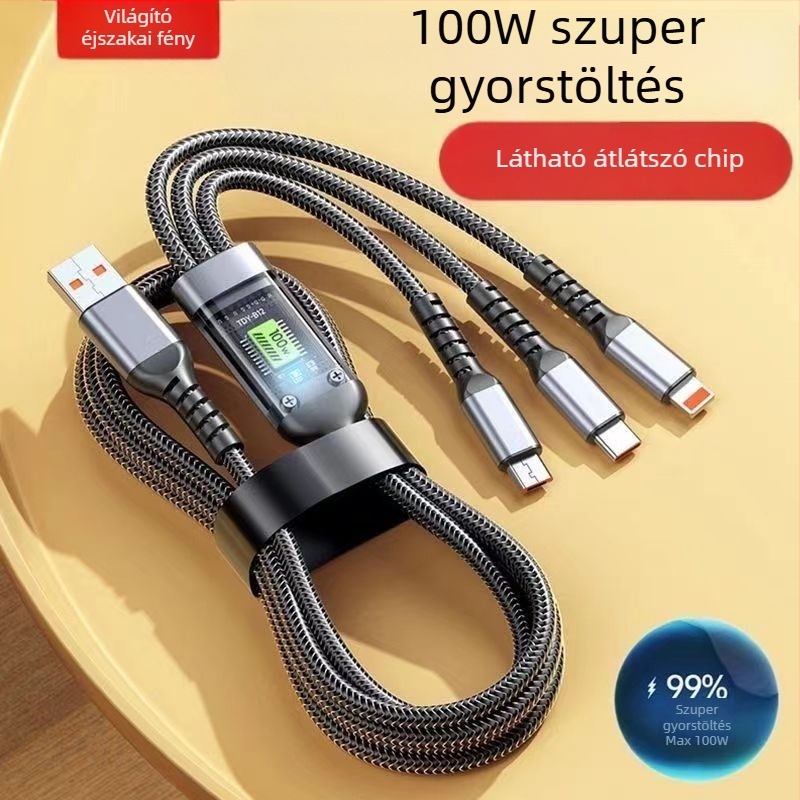 100W-os gyorstöltésű 1–3 összekapcsolható kábel, három az egyben (Lightning, Micro USB, USB-C), Apple, Android és Huawei számára, 1,2 m hosszú, ezüst-szürke