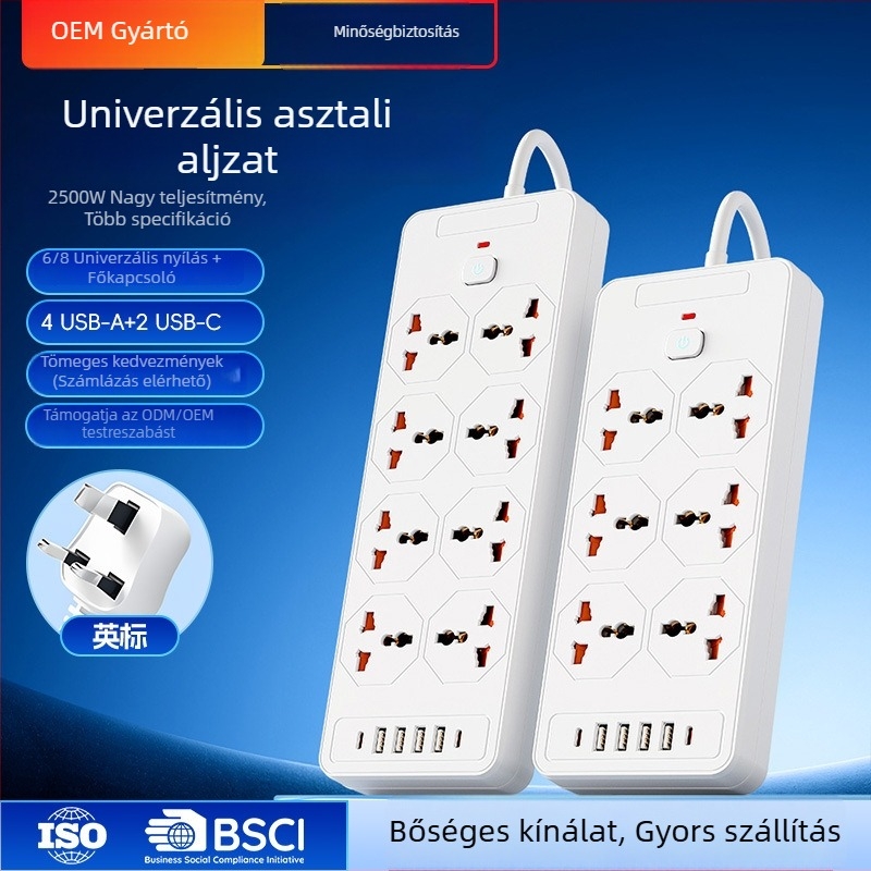 1,8 m hosszabbító aljzat 6 USB-porttal, brit szabvány
