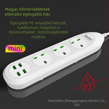 Intelligens hosszabbító USB-portokkal és több aljzattal, brit szabvány szerint, beépített kábellel