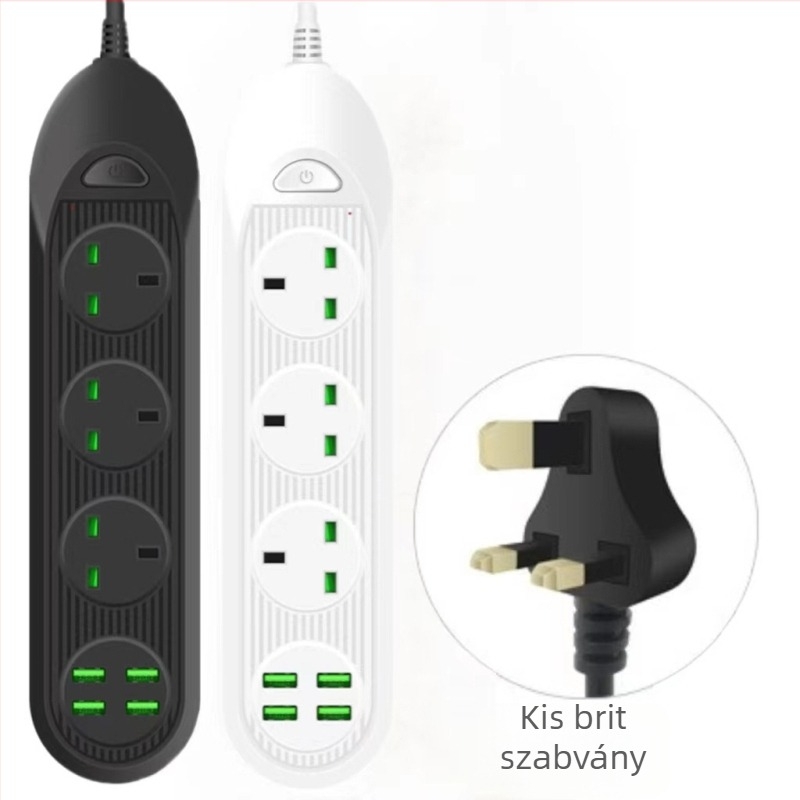 Intelligens hosszabbító USB-portokkal és több aljzattal, brit szabvány szerint, beépített kábellel