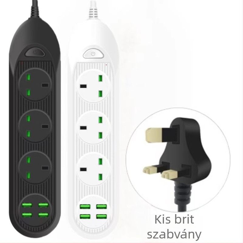 Intelligens hosszabbító USB-portokkal és több aljzattal, brit szabvány szerint, beépített kábellel