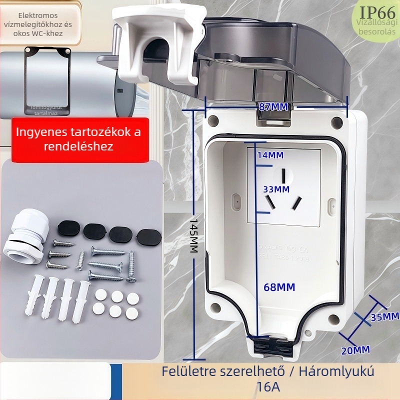 Kültéri vízálló tápcsatlakozó, UV‑álló védelem, felületre szerelhető, 5‑pin/3‑pin csatlakozó védőházban