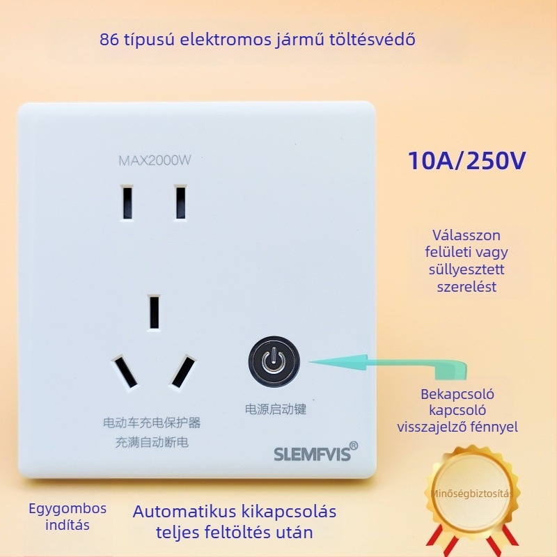 86-os típusú intelligens elektromos jármű töltésvédő, egy gombos indítás, teljes töltésnél automatikus kikapcsolás, 5‑pinos aljzat és kijelzőfény