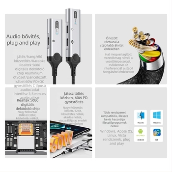 Type-C adapter iPad és Google készülékekhez, 3,5 mm-es három-in-egy fejhallgató csatlakozó, élő közvetítésre és hívásokhoz, U-Shield 60W