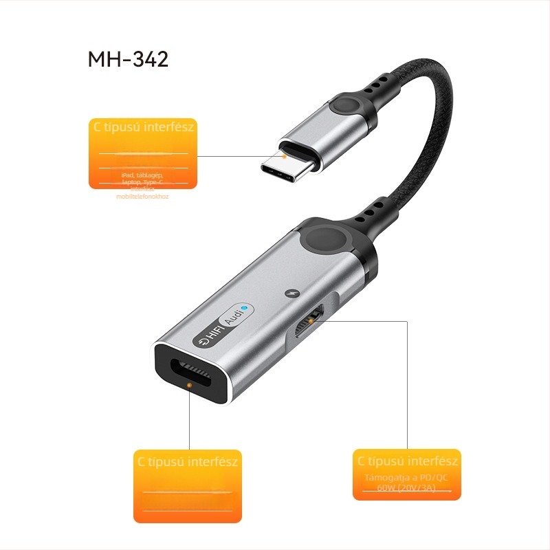Type-C adapter iPad és Google készülékekhez, 3,5 mm-es három-in-egy fejhallgató csatlakozó, élő közvetítésre és hívásokhoz, U-Shield 60W