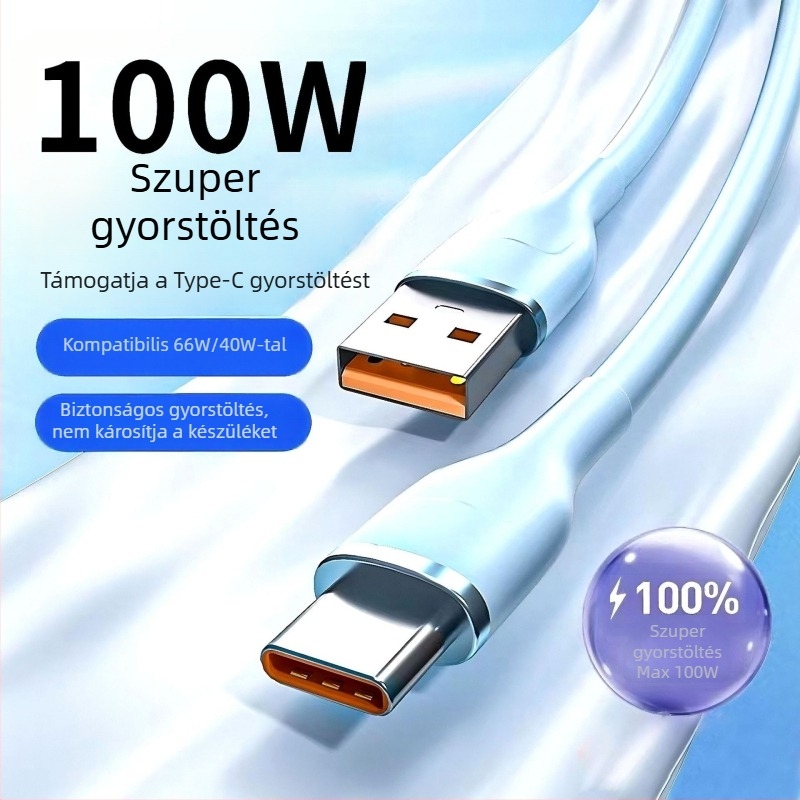 USB-C gyorstöltő adatkábel, 6A-es nagy áramerősség, szilikonból, 120W, hossz 1–2 m, több szín
