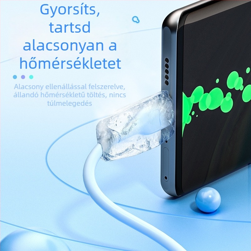 USB-C gyorstöltő adatkábel, 6A-es nagy áramerősség, szilikonból, 120W, hossz 1–2 m, több szín