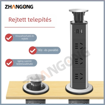 Kézzel működtetett rejtett intelligens asztali hosszabbító USB-vel, 5 aljzattal, konyhaszekrényhez, fel- és kihúzható mechanizmus, 60 mm-es kivágás