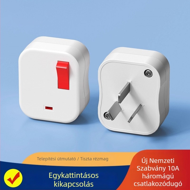 Egyérintéses kikapcsolású 10A-s dugvilla világító kapcsolóval, háromtűs, háromlyukas, vezeték nélkül