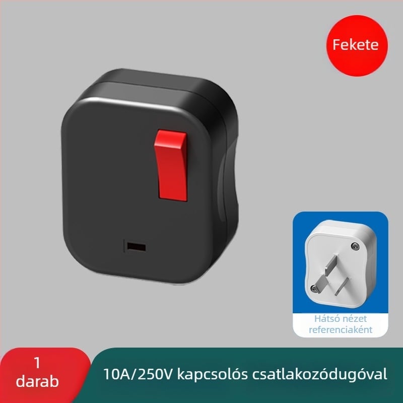 Egyérintéses kikapcsolású 10A-s dugvilla világító kapcsolóval, háromtűs, háromlyukas, vezeték nélkül