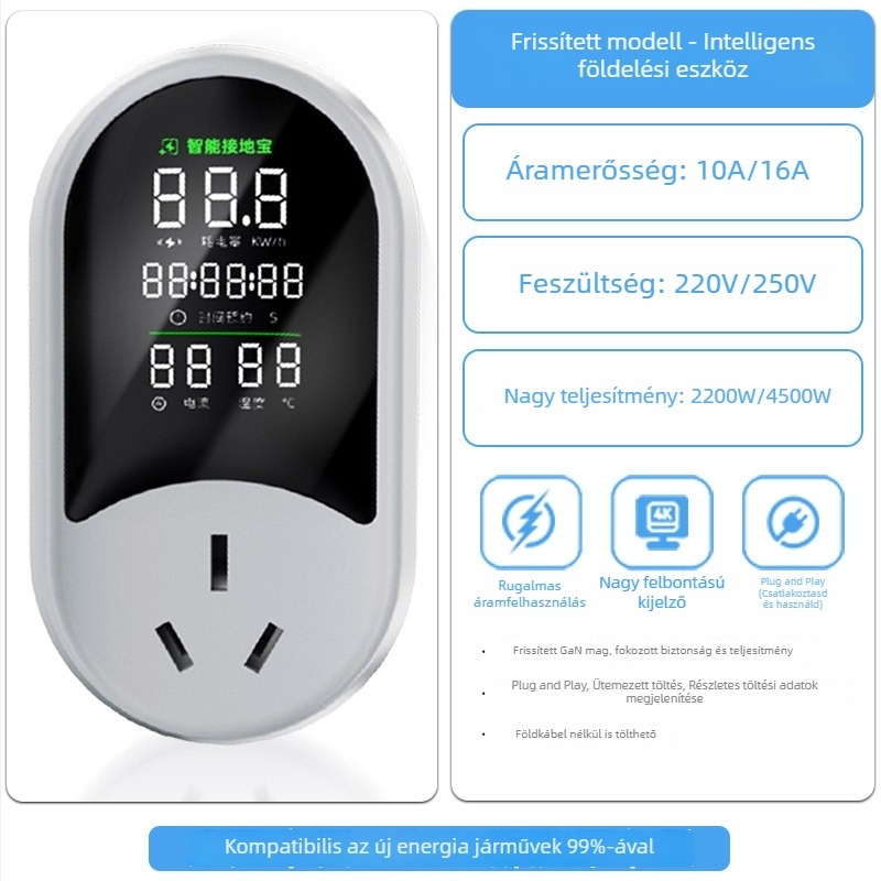 Elektromos járművek töltőadaptere, univerzális aljzattal 10A–16A, földelési vezeték nélkül