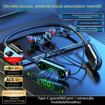 Nyakba akasztott Bluetooth fülhallgató digitális kijelzővel, MP3-kártyáról lejátszás, hosszú üzemidő, sport és karaoke, zajcsökkentés