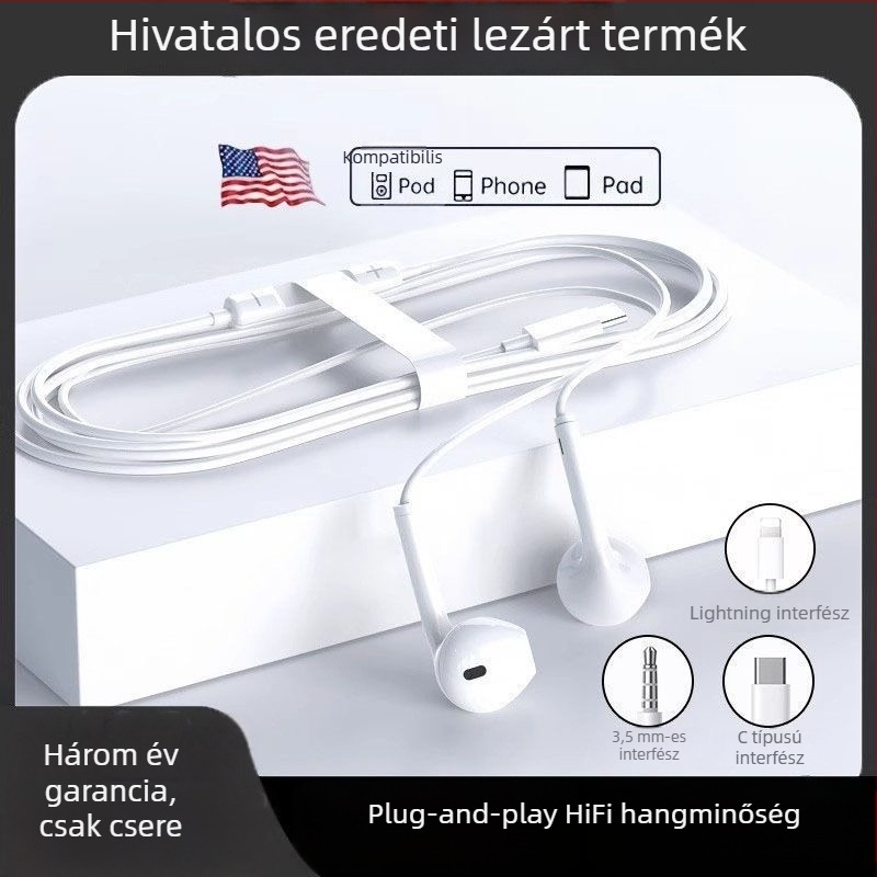 Apple in-ear fülhallgatók iPhone 15/14/13 Pro/12/11-hez, vezetékes vezérléssel (Lightning/Android)
