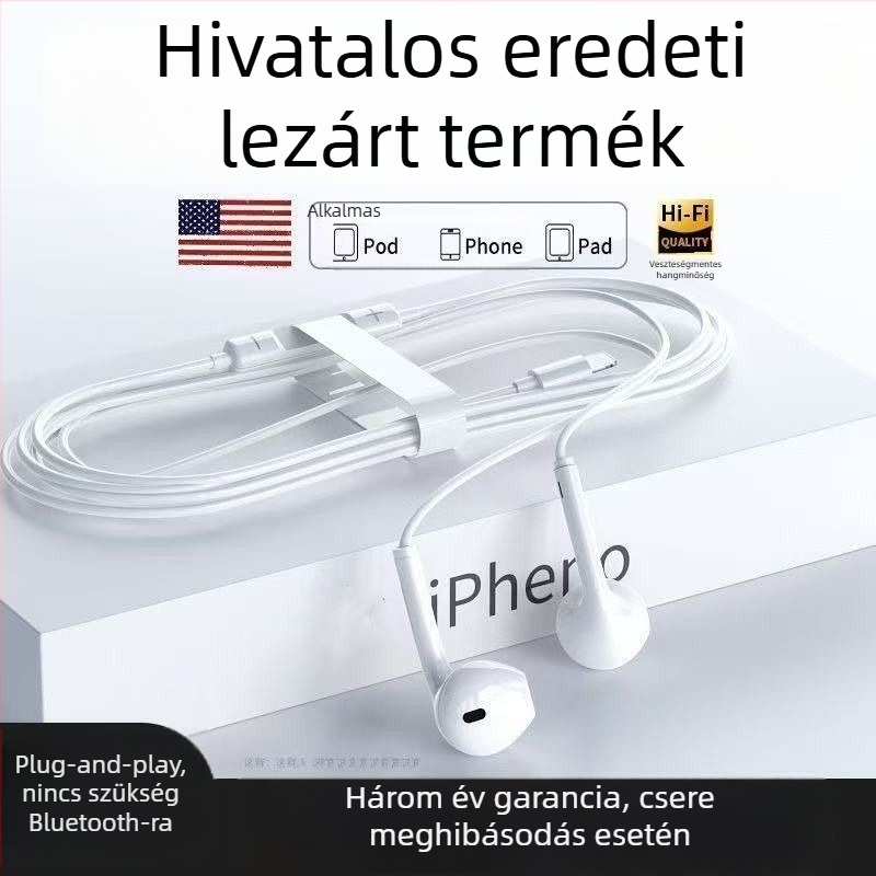 Apple in-ear fülhallgatók iPhone 15/14/13 Pro/12/11-hez, vezetékes vezérléssel (Lightning/Android)