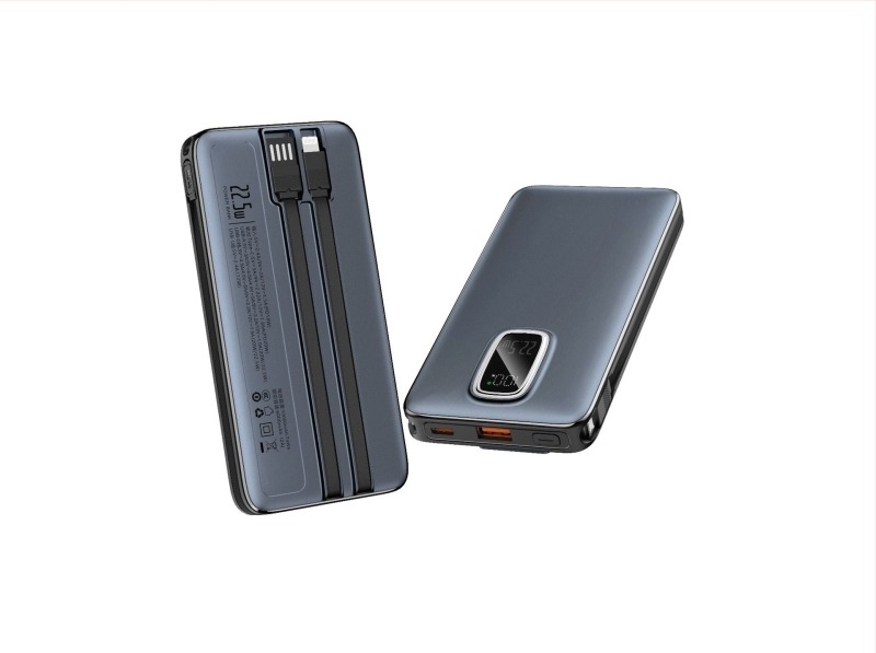 Privát címkés nagy kapacitású power bank beépített kábellel, PD3.0 gyorstöltés, 22,5W, 10000mAh, egyedi logó, vállalati ajándék