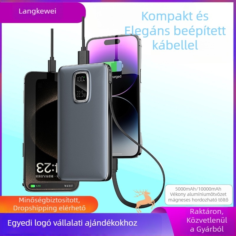 Privát címkés nagy kapacitású power bank beépített kábellel, PD3.0 gyorstöltés, 22,5W, 10000mAh, egyedi logó, vállalati ajándék