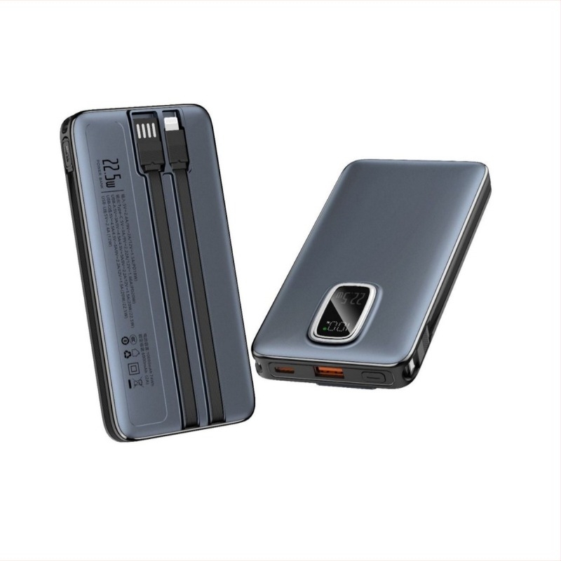 Privát címkés nagy kapacitású power bank beépített kábellel, PD3.0 gyorstöltés, 22,5W, 10000mAh, egyedi logó, vállalati ajándék
