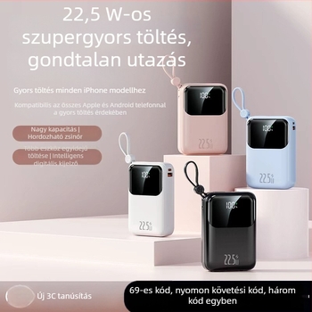 3C tanúsított power bank, 22.5W mini, beépített kábellel, 20000mAh nagy kapacitású, személyre szabható ajándék