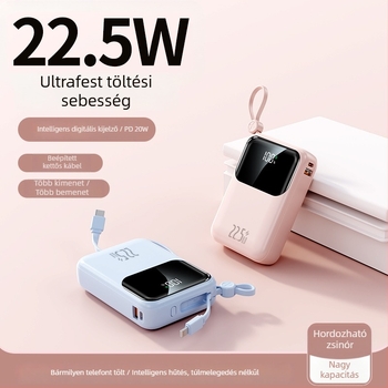 3C tanúsított power bank, 22.5W mini, beépített kábellel, 20000mAh nagy kapacitású, személyre szabható ajándék