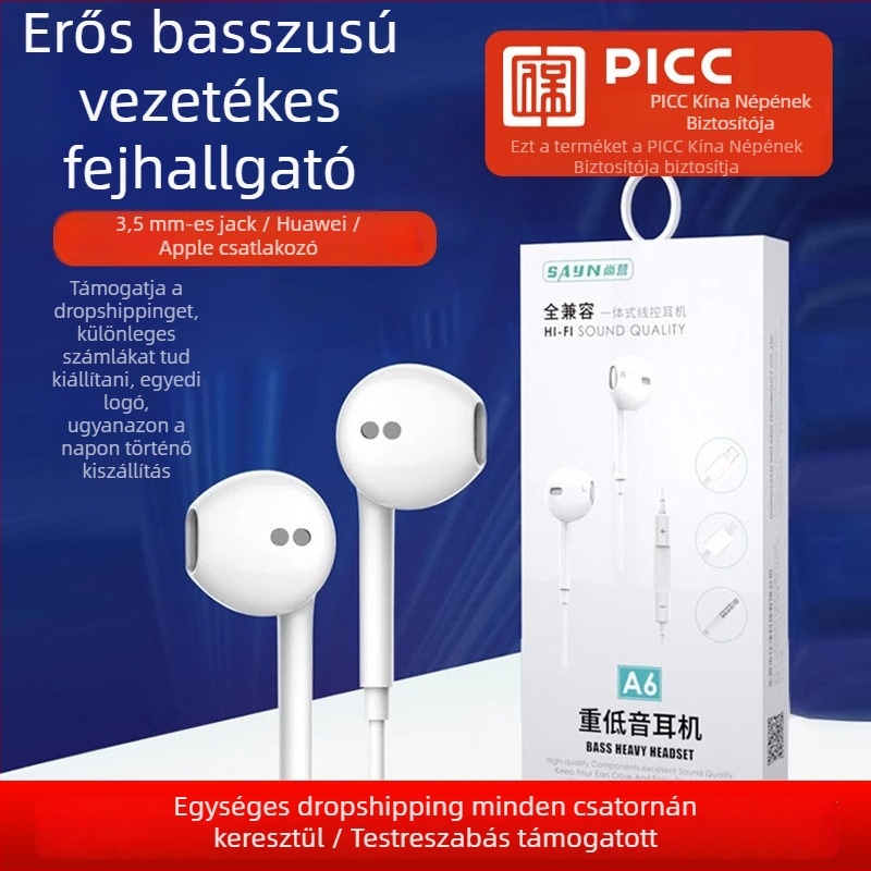 Shangying A6 vezetékes in-ear fejhallgató, 3,5 mm-es csatlakozóval, távvezérlővel a kábelen, Apple és Huawei készülékekhez