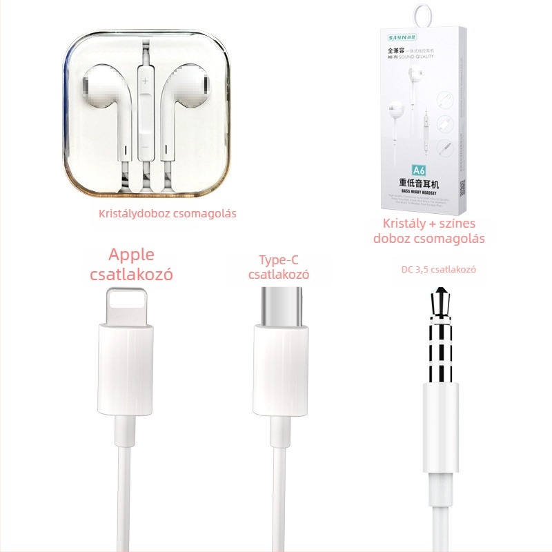 Shangying A6 vezetékes in-ear fejhallgató, 3,5 mm-es csatlakozóval, távvezérlővel a kábelen, Apple és Huawei készülékekhez