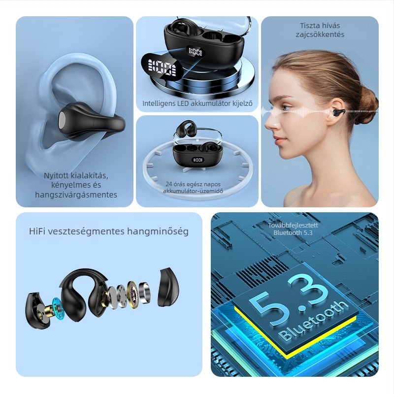 Vezeték nélküli Bluetooth fülklipszes fejhallgató, 5.3 digitális kijelzővel, nem a fülben, hosszú üzemidő