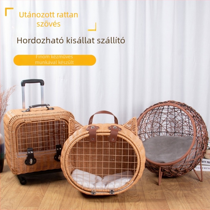 Szállítható macska hordozó rattanból, lélegző utazó ketrec autóhoz