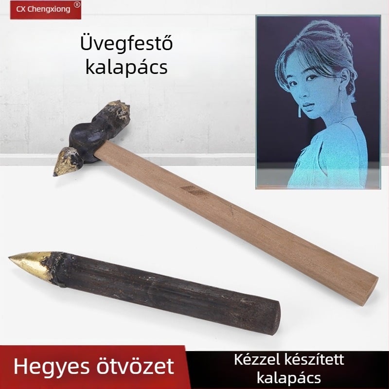Üvegfestő szerszámkészlet — ötvözet fejű kalapács, fa markolattal, daltával és árnyékos faragással