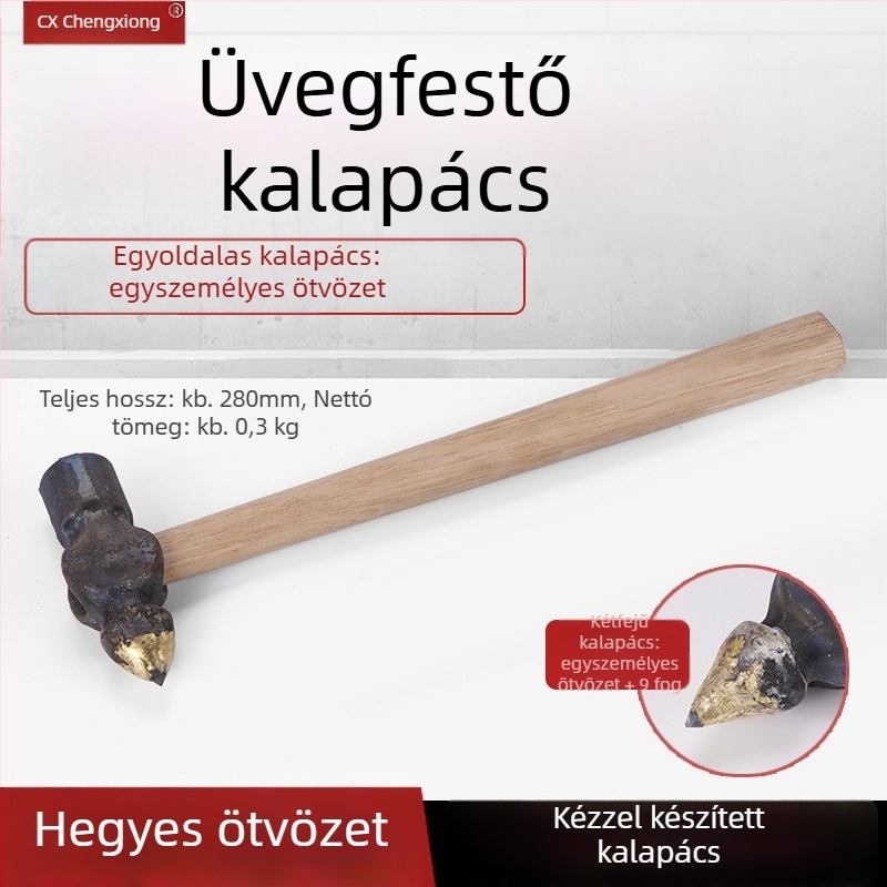 Üvegfestő szerszámkészlet — ötvözet fejű kalapács, fa markolattal, daltával és árnyékos faragással