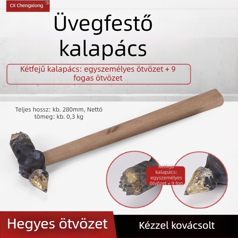 Üvegfestő szerszámkészlet — ötvözet fejű kalapács, fa markolattal, daltával és árnyékos faragással