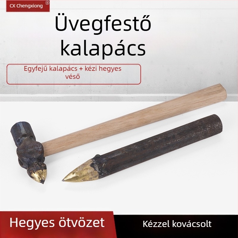 Üvegfestő szerszámkészlet — ötvözet fejű kalapács, fa markolattal, daltával és árnyékos faragással