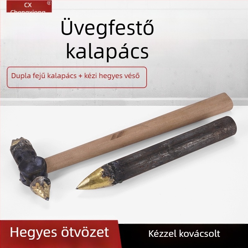 Üvegfestő szerszámkészlet — ötvözet fejű kalapács, fa markolattal, daltával és árnyékos faragással