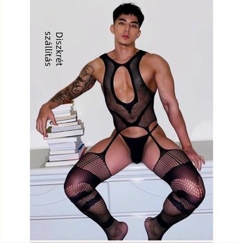 Férfiaknak szóló szexi hálós bodystocking nyitott ágyékkal