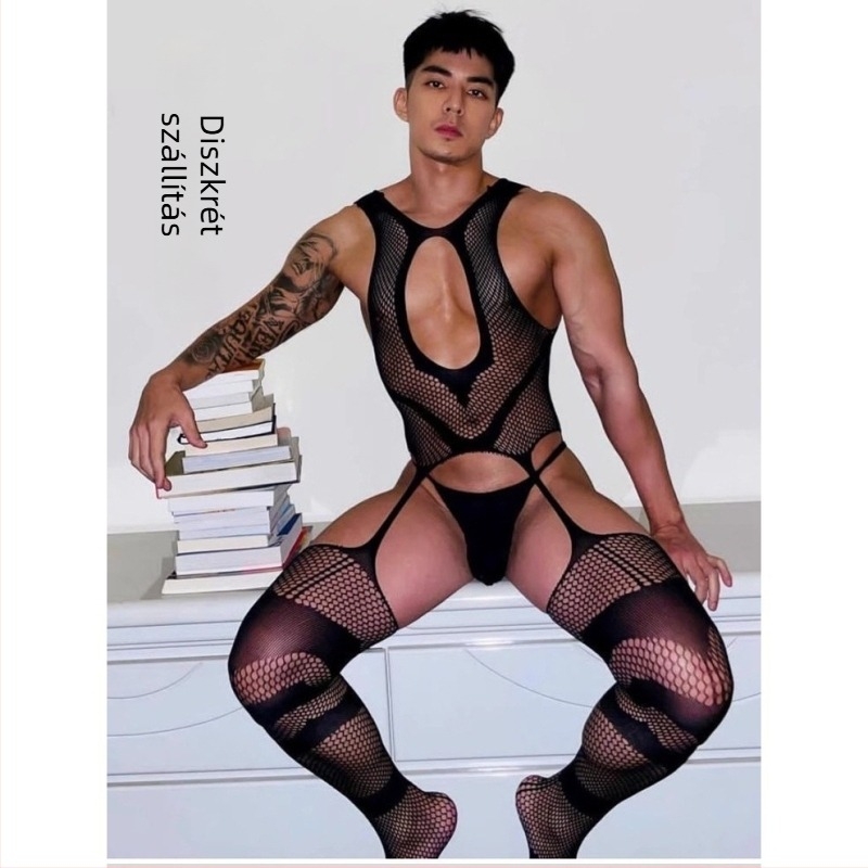 Férfiaknak szóló szexi hálós bodystocking nyitott ágyékkal