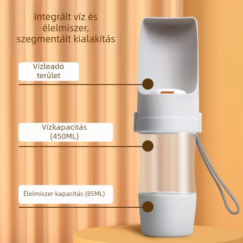Kivehető kültéri ivópalack háziállatoknak, 2-in-1 – ivóvíz és etetőedény