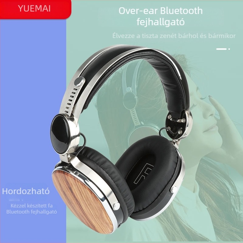 Kihúzható, vezeték nélküli Bluetooth játékfejhallgató, fa mintázatú, fejre illeszkedő, kompatibilis mobileszközökkel és számítógépekkel