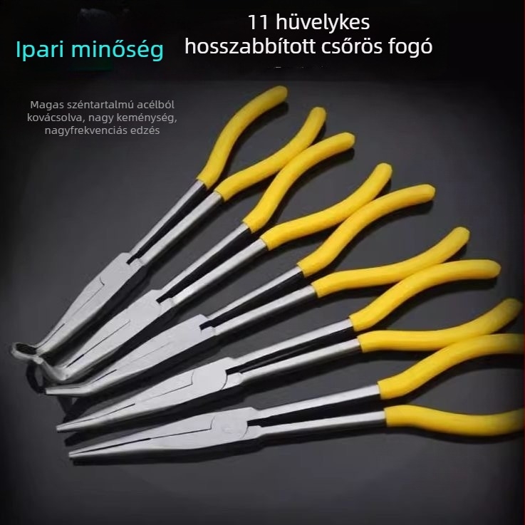 11 hüvelykes hosszú tűszerű fogó görbült orral – precíz acél eszköz