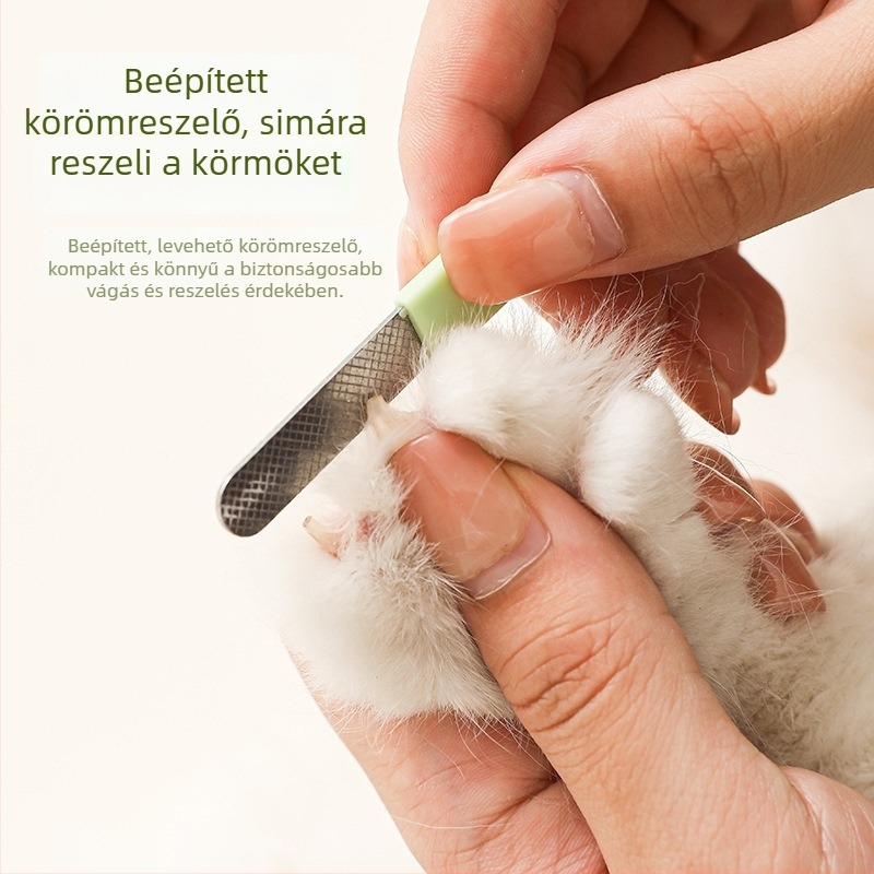 Kisállat körömvágó olló macskáknak és kutyáknak, biztonsági zárómechanizmussal, körömreszelővel és mosásmentes kesztyűkkel