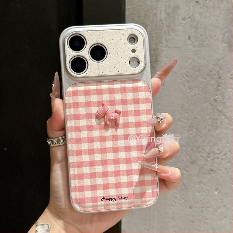 Instagram-stílusú rózsaszín kockás 3D ló motívumú telefontok iPhone 13-hoz és iPhone 14 Pro-hoz, koreai stílus