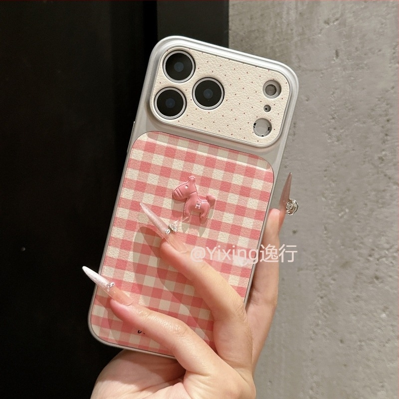 Instagram-stílusú rózsaszín kockás 3D ló motívumú telefontok iPhone 13-hoz és iPhone 14 Pro-hoz, koreai stílus