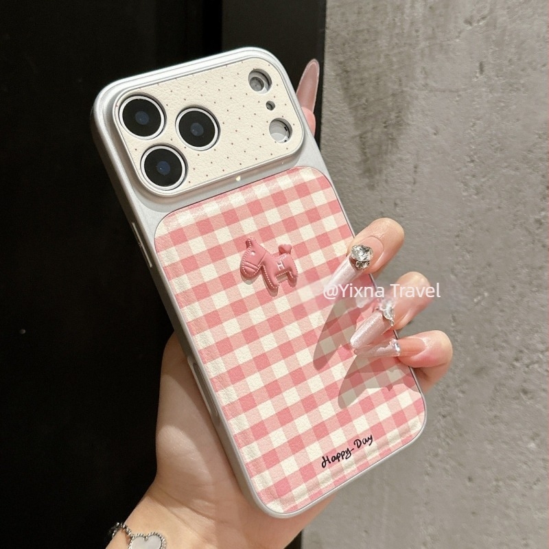 Instagram-stílusú rózsaszín kockás 3D ló motívumú telefontok iPhone 13-hoz és iPhone 14 Pro-hoz, koreai stílus