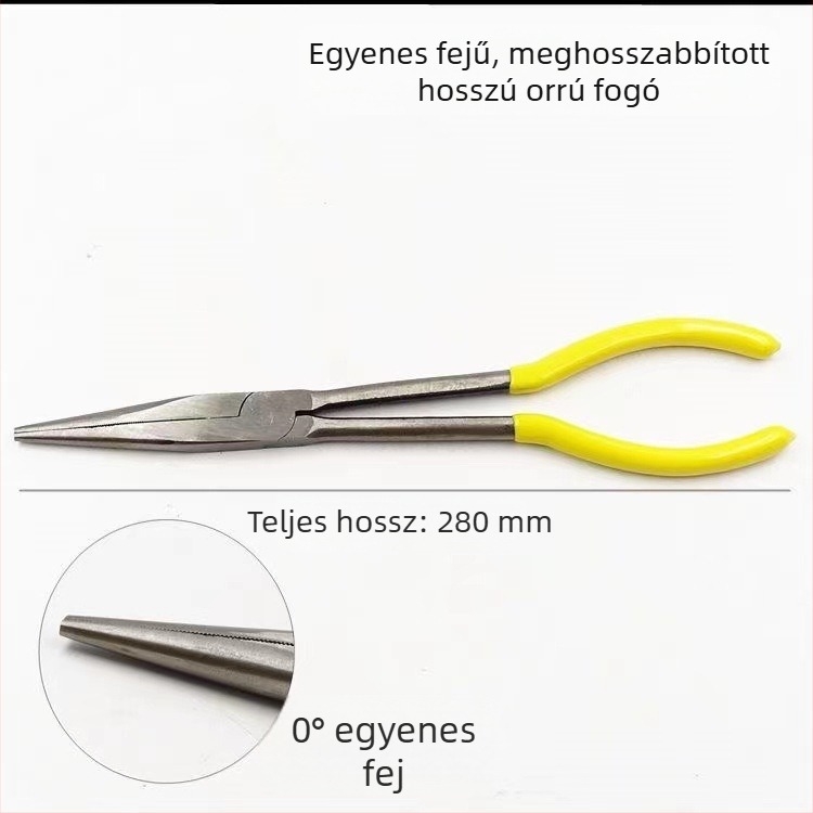 11 hüvelykes O-típusú fogó autóipari elektromos vezetékekhez, hosszított hegyű nyél, 45° és 90° hajlítások