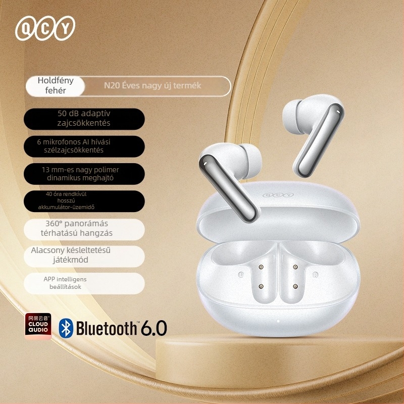 QCY N20 fülben hordható vezeték nélküli Bluetooth fülhallgatók adaptív zajcsökkentéssel, akár 50 dB-ig, 6 mikrofonnal a zajcsökkentéshez és hosszú akkumulátor-üzemidővel