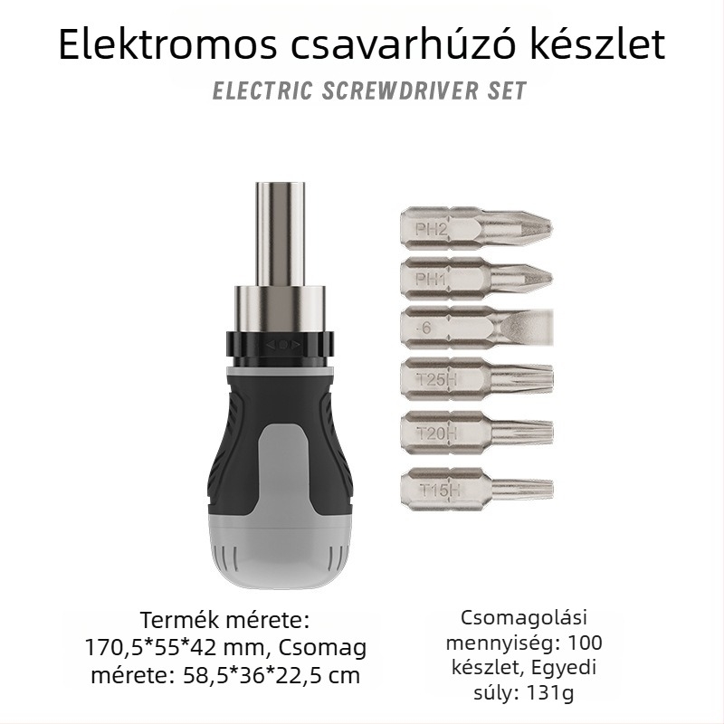 Ipari minőségű tekerőcsavarhúzó keresztes és lapos fejű bitekkel, mágneses, rövid nyélű, kompakt, sárgarépa alakú véggel